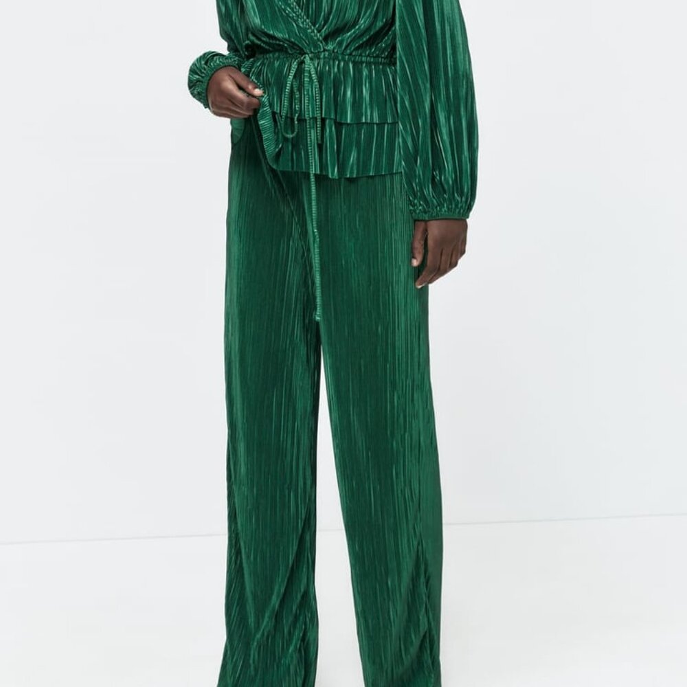 Zara PLEATED WIDE LEG PANTS :: Green